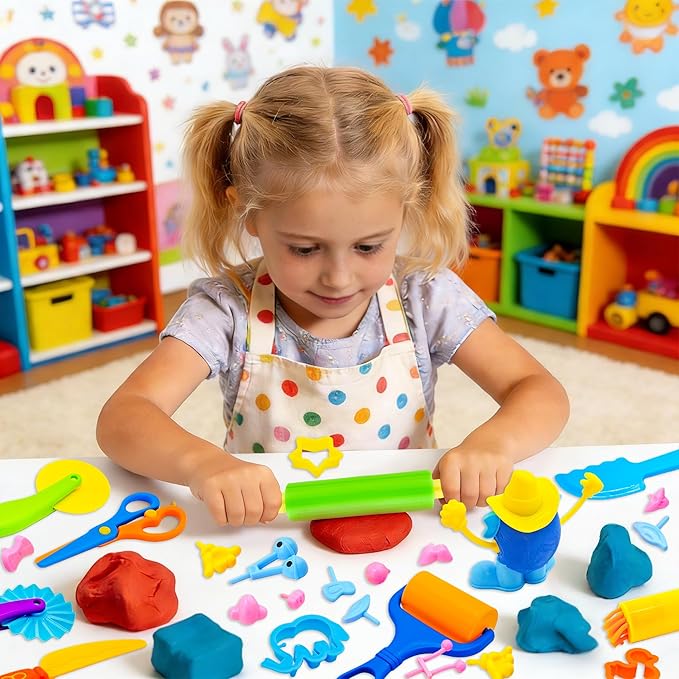 iShyan Dough Tools for Kids,47-Piece Kids Clay and Dough Tool Kit– Includes Roller, Rolling Pins, Cutting Tools, Safe Scissors, Plastic Knife & Dough Character Accessories