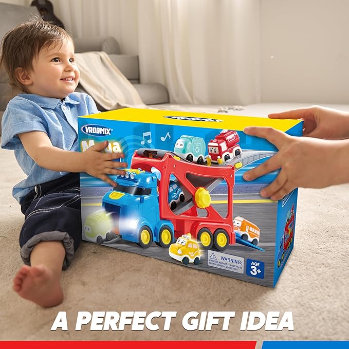 Vroomix Extra Large Toy Trucks for Toddlers, 3-Layer City Trucks for Kids, 7-in-1 Big Transport Carrier Truck with Siren & Lights and 6 Toy Cars, Christmas Birthday Gifts for Boys Girls