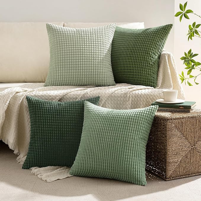MIULEE Boho Euro Decorative Pillow Covers 22x22 Inch Set of 4 Forest Green | Boho Farmhouse Home Decor, Modern Nordic Throw Pillow Covers, Summer Soft Corduroy for Couch Sofa Bed Living Room
