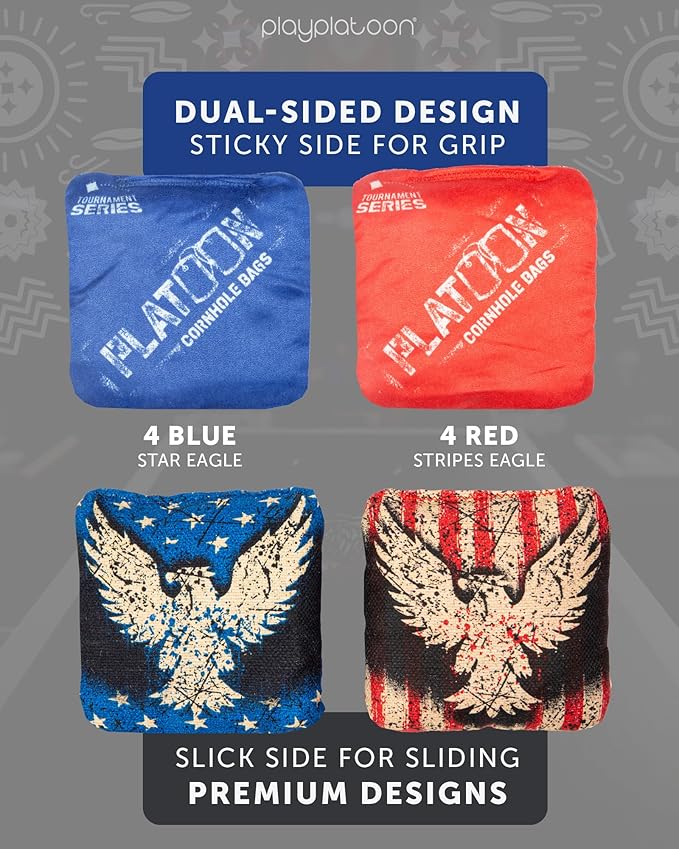 Play Platoon Pro Cornhole Bags Set of 8 - Professional Dual Sided Slick and Sticky Side Competition Corn Hole Bags - Tournament Series
