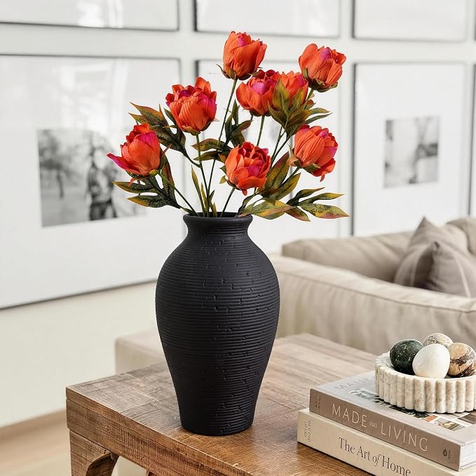 Ceramic Flower Vase Home Decor, 11 in Farmhouse Table Black Vases Rustic Vintage Living Room Kitchen Bedroom Decorations Pottery Decorative Vases for House Shelf Office Coffee Desk Dining Fireplace