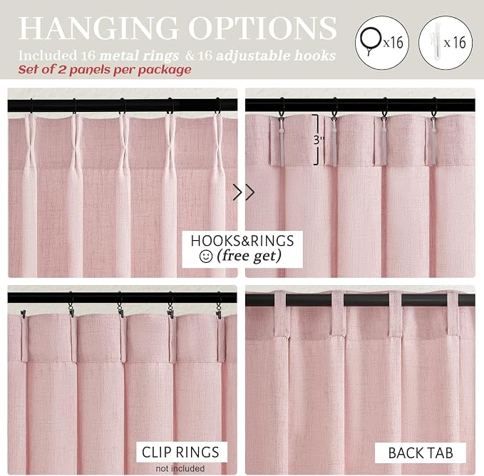 Light Pink Pinch Pleated Curtains 90 Inches Long for Girls Bedroom 2 Panels Set, Cute Linen Blend Semi Sheer Memory Trained Pleat Cortinas Rosadas Track System Window Drapes Decor 40 x 90 Inch Length