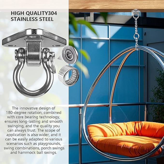 Stainless Steel Heavy Duty Swing Hanger with Smooth Swing Bearings 180° Ceiling Mount 1500 LB Capacity Swing Hardware for Swing Seat, Yoga, Heavy Bag, Porch Swing, Hanging Chair