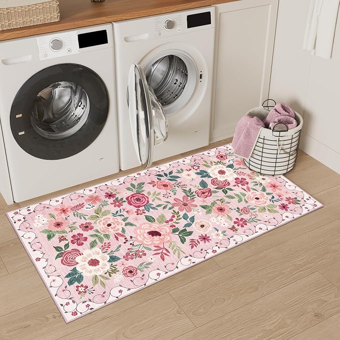 DUKINO 2x4 Entryway Rug, Floral Washable Kitchen Rugs Non Slip, Pink | Low Pile, Soft Indoor Runner Rug for Hallway, Bedroom, Bathroom, Laundry, Pet Friendly, Modern Home Decor, Stain Resistant