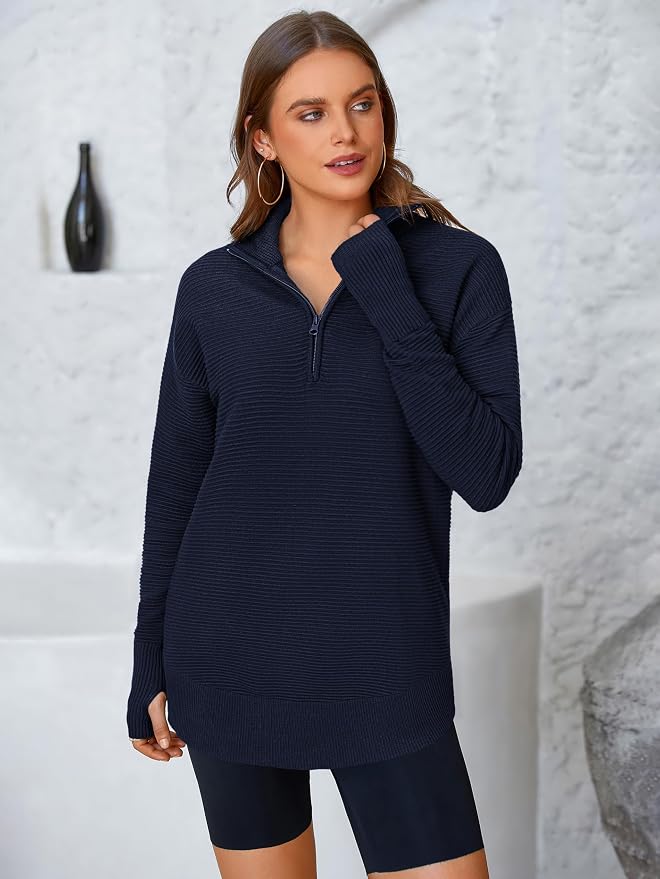 PRETTYGARDEN Womens Long Sleeve Quarter Zip Pullover Sweater Casual Loose V Neck Collared Ribbed Knit Jumper Tops Thumb Hole