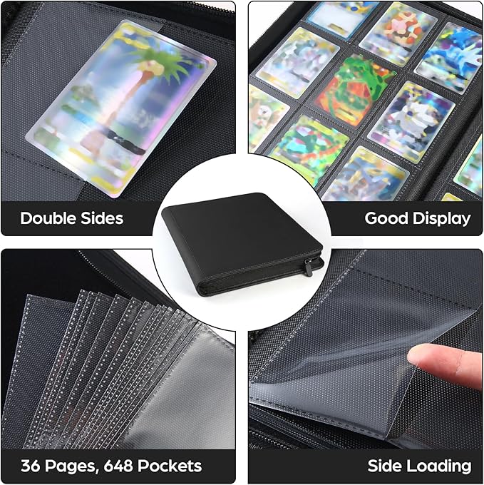 Card Binder 9 Pocket with Zipper, 648 Pockets Trading Card Holder Book, Premium PU Cover Zip Folder Binder, Side Loading Carrying Case Binder Album for TCG, MTG, Sports Cards, Game Cards