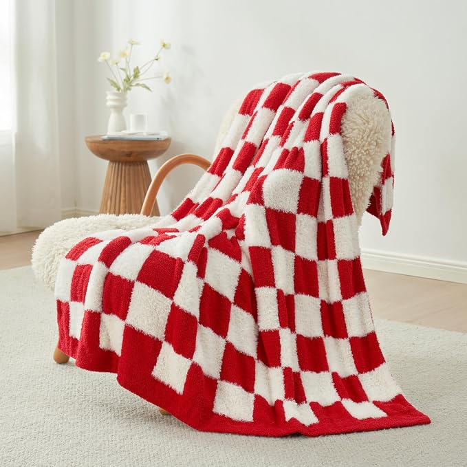 Snuggle Sac Red Checkered Blanket, Fluffy Faux Fur Ultra Soft Warm Microfiber Throw Blankets for Couch, Sofa, Chair, Bed, Red Checker, 50x60 inches
