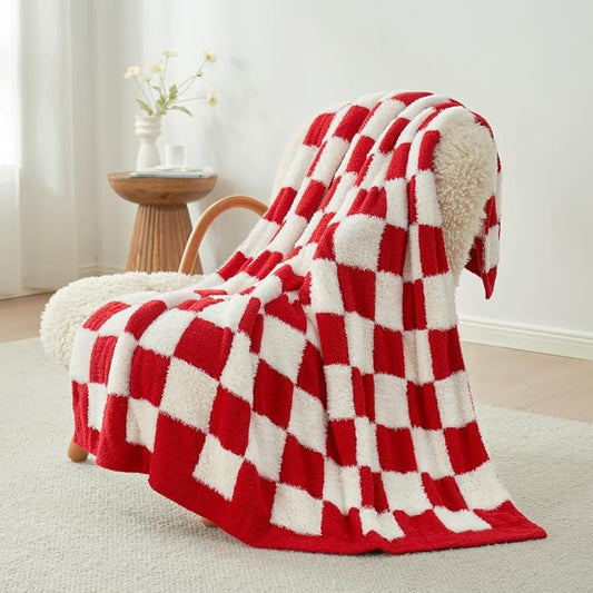 Snuggle Sac Red Checkered Blanket, Fluffy Faux Fur Ultra Soft Warm Microfiber Throw Blankets for Couch, Sofa, Chair, Bed, Red Checker, 50x60 inches