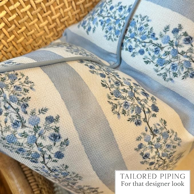 “The Juliet” Floral Block Print Pillow Cover – Soft Blue and Off-White Decorative Throw Pillow Cover – Grandmillennial Home Decor, 24" x 24"