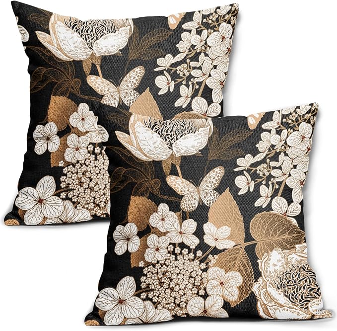 Vintage Floral Pillow Covers 24X24 Inch Set of 2 White Flowers Gold Leaves Botanical Decorative Pillow Cases Rustic Leaf Black Cotton Linen Cushion Case Farmhouse Home Decor for Sofa Couch