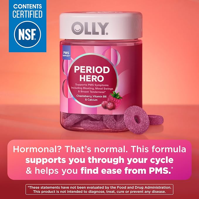 OLLY Period Hero Gummies, PMS Support Supplement,* Chasteberry, Vitamin B6, Calcium, Cran-Raspberry Flavor, 30 Day Supply - 60 Count