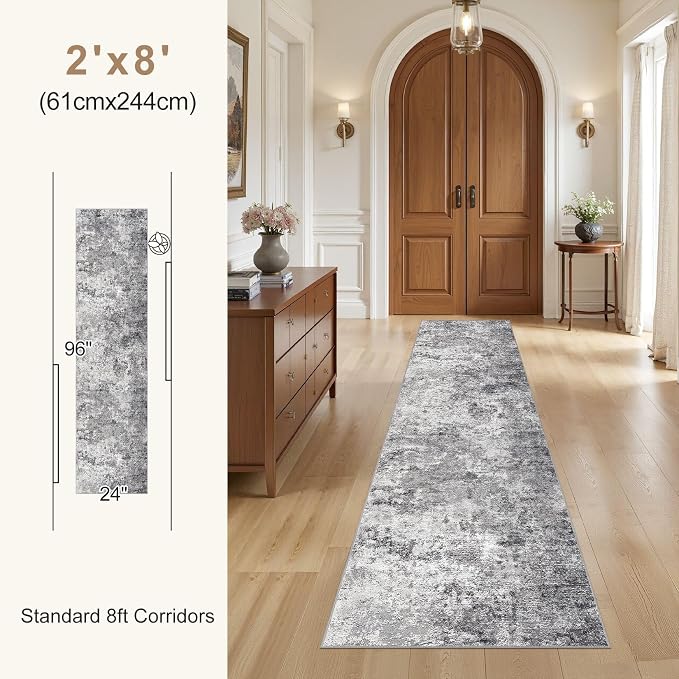 UERMEI 2x8 Washable Runner Rug for Hallway, Non Slip Low Pile Kitchen Carpet, Neutral Modern Abstract Indoor Floor Mat for Entryway Laundry, Kid & Pet Safe High Traffic Area, Grey