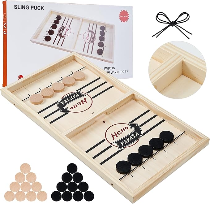 HELLO PAPAYA Fast Sling Puck Game - Test Your Speed and Accuracy with This Fast-Paced Wooden Air Hockey Desktop Battle Board Game - Guaranteed Fun Gifts for Family Night or Friends Party