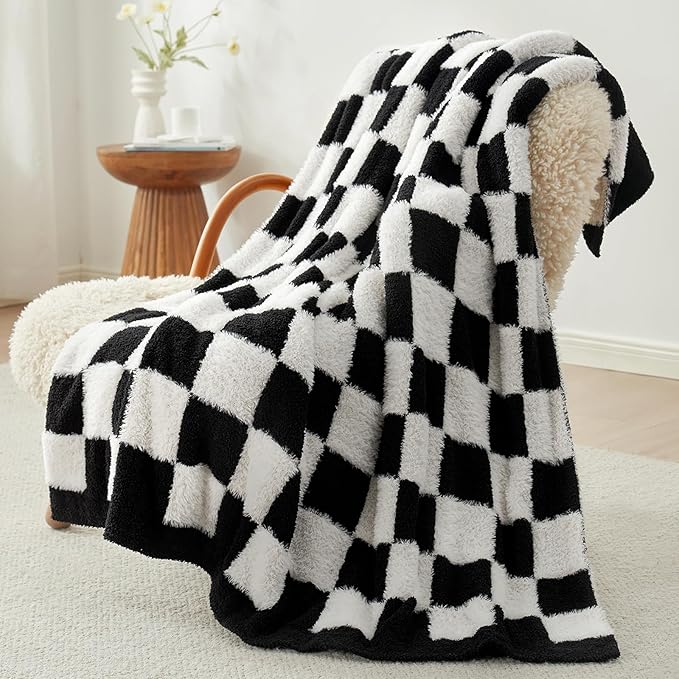 Snuggle Sac Faux Fur Throw Blanket for Couch,Black Checker Blanket, Cozy Soft Warm Blankets for Sofa, Bedroom, Living Room, Black Checker,50x60 inches