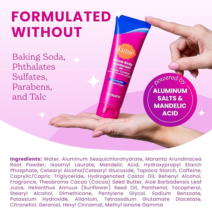 Lume Whole Body Deodorant Plus Sweat Control - Smooth Cream Tube - 72 Hour Odor And Sweat Control - Baking Soda Free, Skin Loving - 3.0 ounce (Soft Powder)