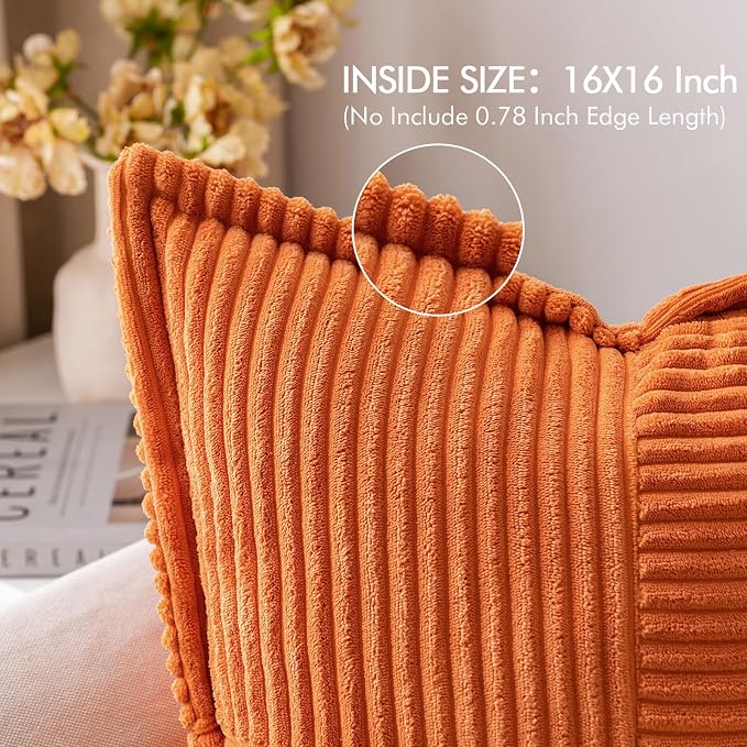 MIULEE Fall Orange Decorative Throw Pillow Covers for Couch Bed Livingroom 16x16 Inch Set of 2 Boho Accent Throw Pllows Broadside Striped Patchwork Soft Corduroy Pillowcases