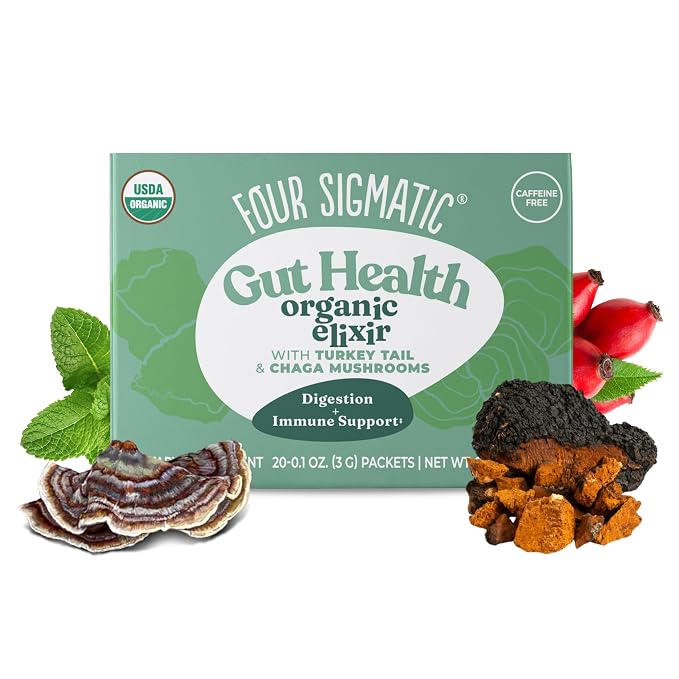 Four Sigmatic Gut Health Mushroom Elixir | Coffee Alternative with Organic Turkey Tail, Organic Chaga Mushroom Powder, Rose Hips & Mint | Digestive Support & Immune Support | 20 Packets