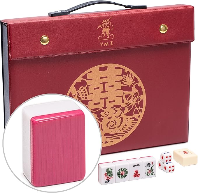 Yellow Mountain Imports Chinese Mahjong Set - “Rouge Harmony” - with 146 Medium Tiles, Red Vinyl Case, Wind Indicator and Dice - for Chinese Style Gameplay Only [胭红绽放 中式麻将]