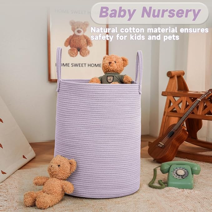 JMvicyroam 80L Cotton Rope Laundry Basket Hamper, Purple | Collapsible laundry basket, reinforced handles, freestanding, machine washable, holds 3-5 thick blankets, clothes or toys