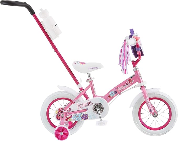 Schwinn Petunia and Grit Bike, 12 Inch Bike for Kids Ages 2-4, Orange, Teal, Pink or Blue, Steerable Beginner Bicycle with Training Wheels, Parent Push Handle, Rear Coaster Brake, Adjustable Seat