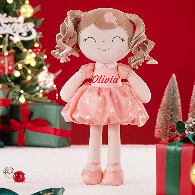 Gloveleya Personalized Baby Girl Gifts – Soft Plush Rag Doll with Name Embroidery, Curly Hair Orange Heart Dress, 16 Inches Cute Companion for Kids, Birthday