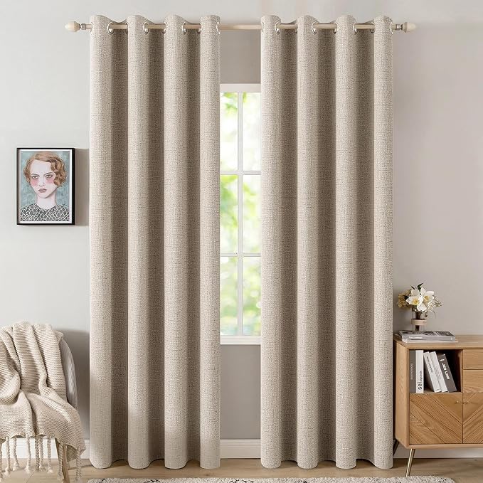 MIULEE 100% Blackout Linen Textured Curtains for Bedroom Solid Thermal Insulated Taupe Grommet Room Darkening Curtains & Drapes Luxury Decor for Living Room 52 x 84 Inch (2 Panels)