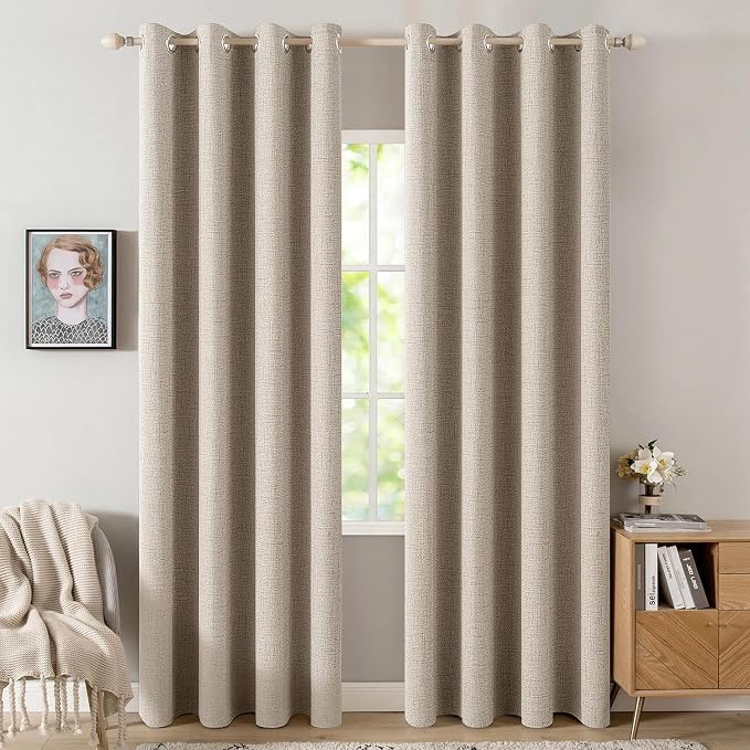 MIULEE Linen Textured Curtains Solid 100% Blackout for Bedroom Thermal Insulated Taupe Grommet Room Darkening Curtains & Drapes Luxury Decor for Living Room 52 x 72 Inch (2 Panels)