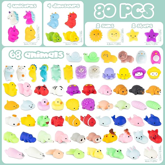 Mochi Squishy Toys Bulk for Kids Party Favors Pack 80 - BONNYCO | Goodie Bags Stuffers for Kids 3-5 4-8, Return Gifts Birthday Party | Squishy Fidget Toys, Pinata Stuffers Birthday Boys Girls Kawaii
