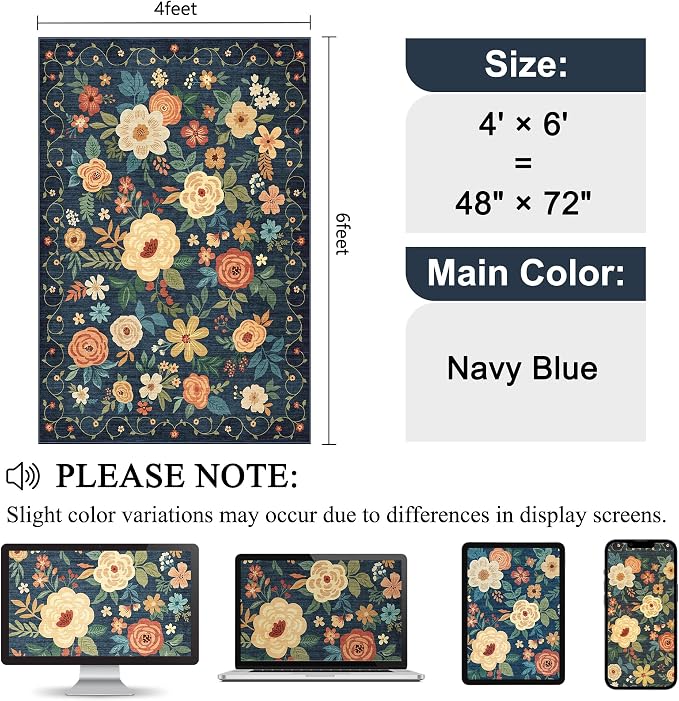 DUKINO 4x6 Area Rug, Floral Washable Office Chair Rug Non Slip, Navy Blue | Low Pile, Stain Resistant, Soft Indoor Rug for Bedroom, Living Room, Dining Room, Kids Room, Pet Friendly, Modern Home Decor