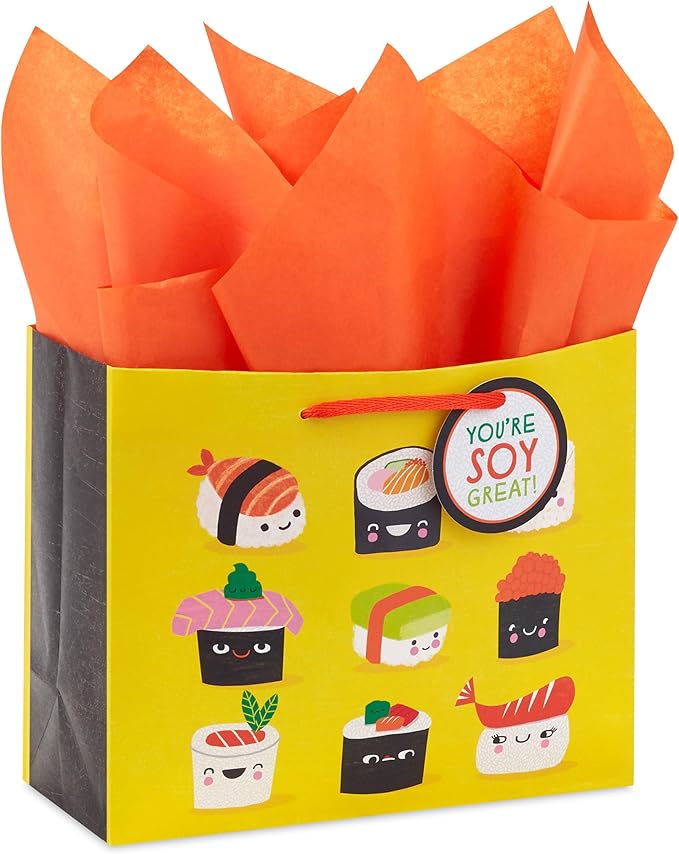 Hallmark 7" Medium Horizontal Gift Bag with Tissue Paper and Gift Tag (Sushi, You're Soy Great!) for Birthdays, Graduations, Congrats, Thank You