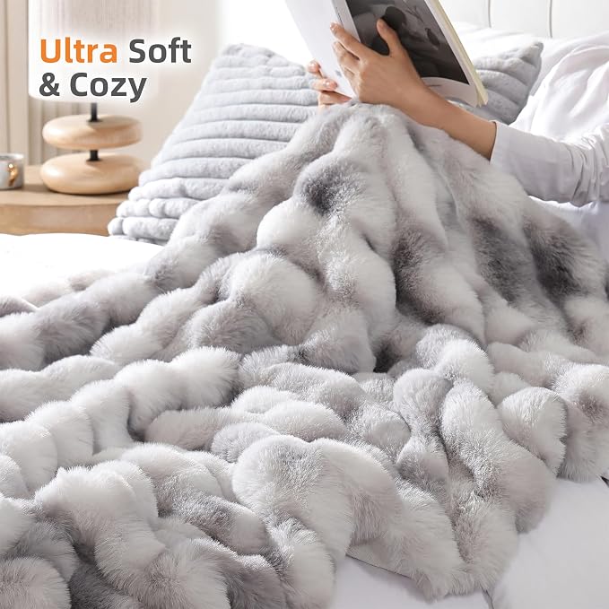 Faux Fur Throw for Couch - Tie-dye Grey Bubble Blanket 60"x80" | Fluffy Plush Fuzzy Throw for Sofa & Bed, Super Soft Cozy Comfrt Blanket, Luxury Aesthetic Grey Decor Gift for Women