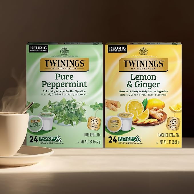 Twinings Pure Peppermint Herbal Tea K-Cups for Keurig, 24 Count (Pack of 1) + Lemon & Ginger Herbal Tea K-Cups for Keurig, 24 Count (Pack of 1)