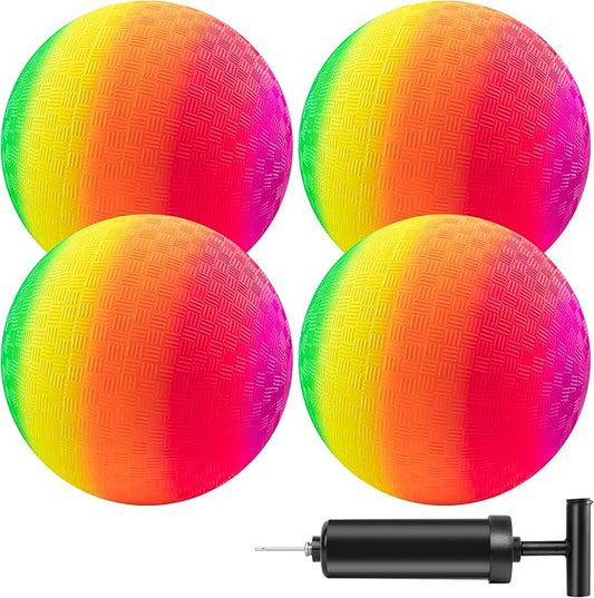 Mic Playground Balls Kickballs 8.5 Inch, Rainbow Playground Ball Set for Kids and Adults, Dodgeball Kick Balls Handball for Indoor & Outdoor Schoolyard Games with Hand Pump(4 Pack)