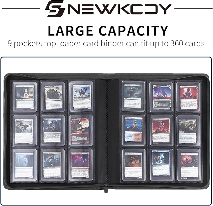 Snekdy Top loader Binder, 9 Pockets Top Loader，Holds 360 Top Loaders cards, Card binder with Sleeves for card in 3 x 4 inches color smooth Zipper PU Leather (Light Grey)