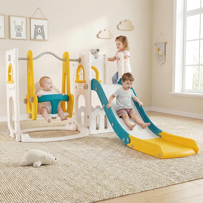 OLAKIDS Toddler Slide and Swing Set, 7 in 1 Kids Indoor Outdoor Playground with Climber Basketball Hoop Telescope Toy Storage for Boys Girls Aged 1+ (Yellow)
