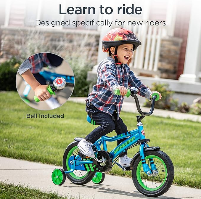 Schwinn Petunia and Grit Bike, 12 Inch Bike for Kids Ages 2-4, Orange, Teal, Pink or Blue, Steerable Beginner Bicycle with Training Wheels, Parent Push Handle, Rear Coaster Brake, Adjustable Seat