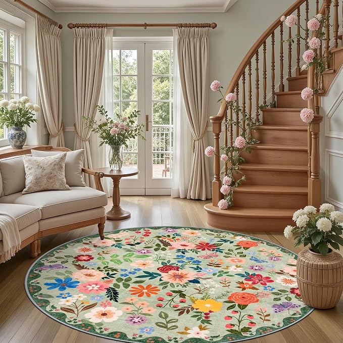 Round Area Rug for Living Room: 6 ft Floral Washable Circle Rug Soft Boho Non-Slip Carpet Indoor Stain Resistant Low Pile Small Circular Rug for Bedroom Entryway Kitchen Nursery Home Office Green