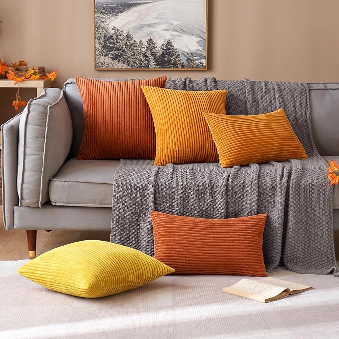 MIULEE Fall Euro Corduroy Throw Pillow Covers Set of 2 24x24 Burnt Orange | Decorative Striped Textured Cushion Cases, Boho Rustic Square Pillowcases, Home Decor for Couch Chair Sofa Bed Living Room