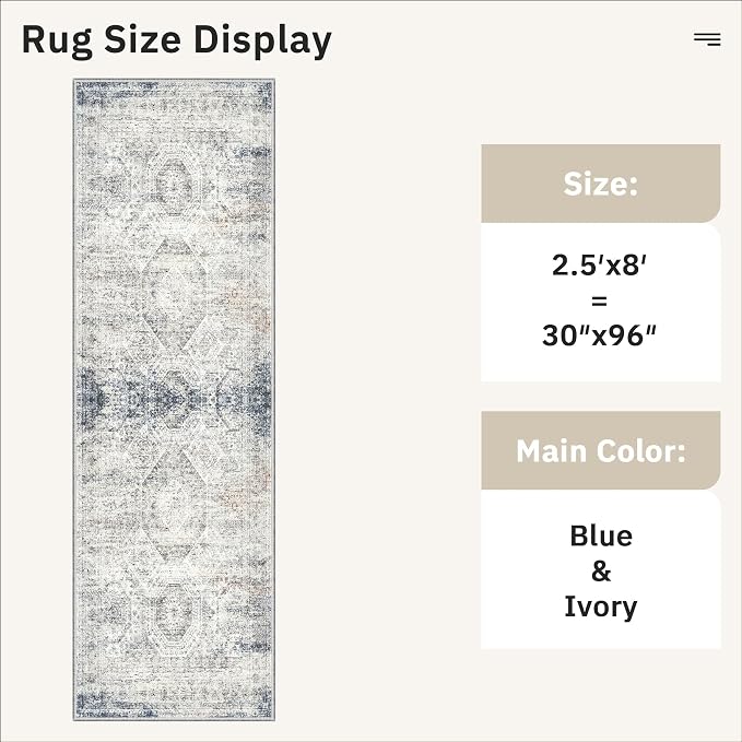 Soalmost Washable Runner Rug 2'6"x8' Kitchen Hallway Runners Blue/Ivory | Soft Non-Slip 2.5x8ft Carpet for Entryway Bathroom, Low Pile Vintage Foldable Floor Mat for Corridor Laundry Room Bedroom