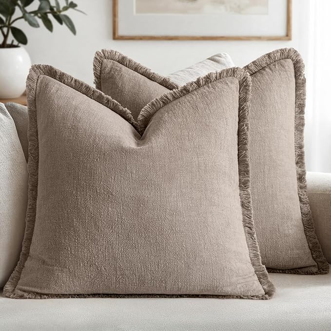 MIULEE Linen Fringe Decorative Fall Euro Throw Pillow Covers Dune 24x24 | Set of 2, Cottagecore Decor, Boho Farmhouse Neutral Pillow Covers, Rustic Fall Couch Cushion Cases for Sofa Bed Living Room