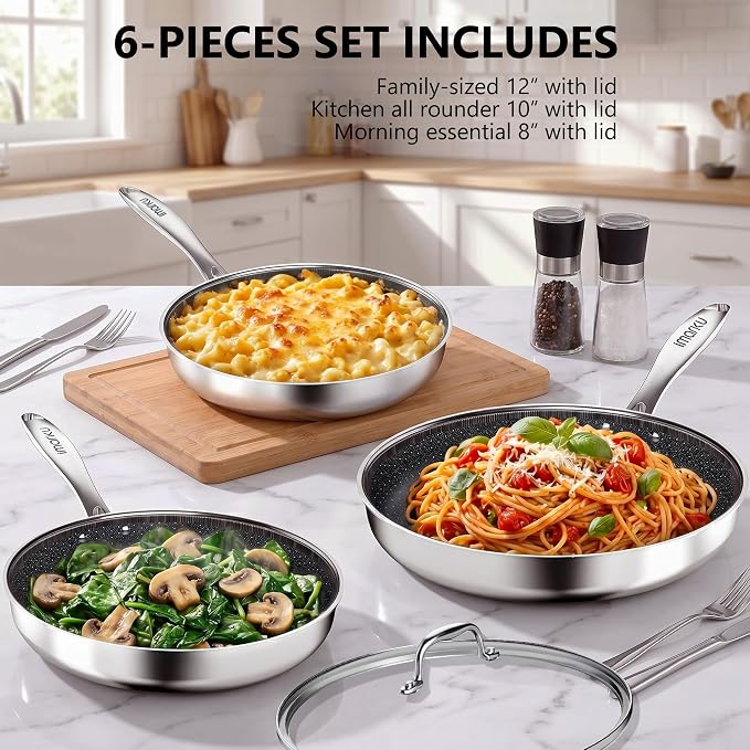 imarku 8, 10 and 12-Inch Non Stick Frying Pans with Lids, Ceramic Coating | 6-Piece Stainless Steel Cookware Set for Home Cooking, Dishwasher Friendly, Oven Safe, Induction Ready, for Men and Women