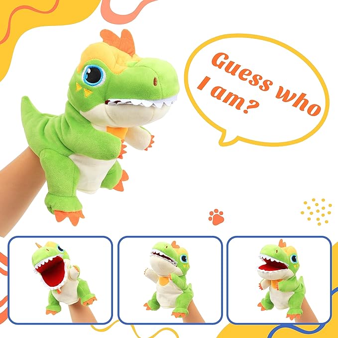 Cuteoy Plush Green T-Rex Hand Puppet Stuffed Animal Toy Open Movable Mouth Creative Role Play Storytelling Dinosaur Plushies Gifts for Kids Toddlers Birthday Christmas