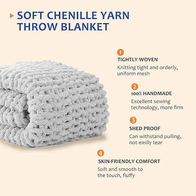 L'AGRATY Chunky Knit Throw Blanket for Couch, 50'' x 60'' Knit Throw, Grey | Handmade Chenille Crochet Blanket for Sofa Bed, Thick Cable Knitted Blankets for Room Home Decor, Birthday Gift for Women Mom