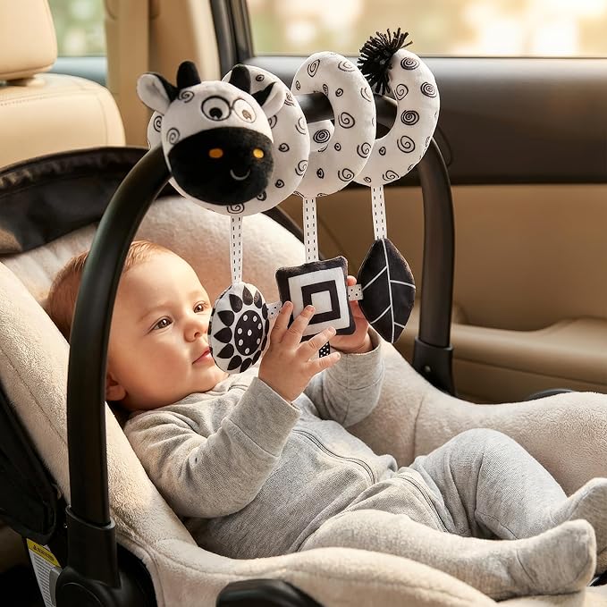 Car Seat Toys – Baby 0-6 Months High Contrast Black & White Spiral Car Seat Toy, Carseat Hanging for Newborn, Stroller, Baby Stroller Toy, Infant 0-6 Months, Crib Hanging