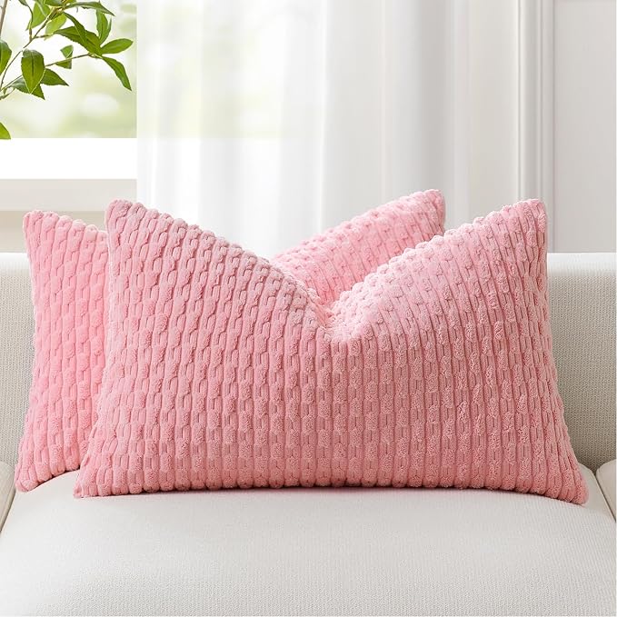 Kevin Textile Soft Corduroy 14"x22" Lumbar Pillow Cover 1 Pack, Pink | Boho Stripe Plush Corduroy Decorative Oblong Cushion Cover Modern Farmhouse Home Decor for Sofa Couch Bed Chair
