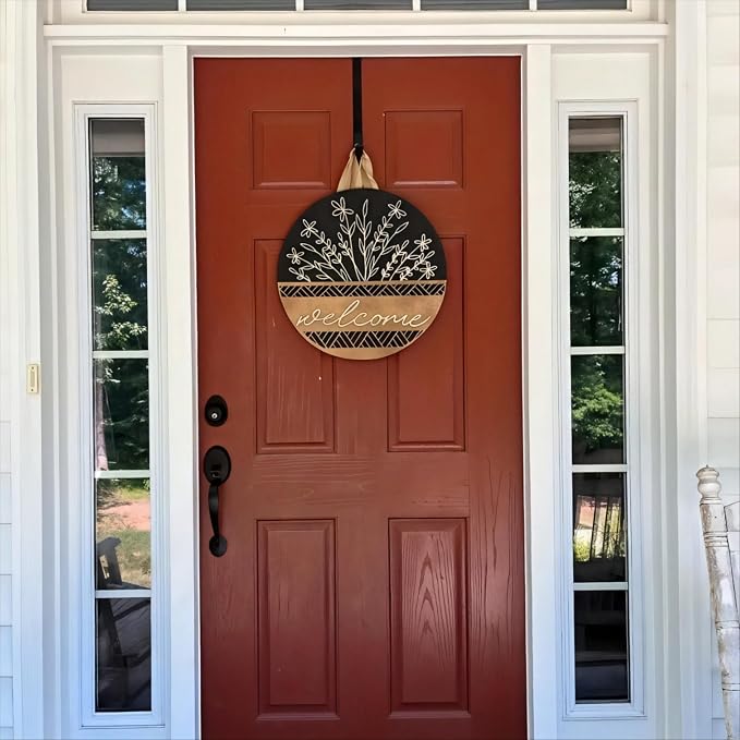 3D Welcome Sign for Front Door, Rustic Round Wood Wreaths Wall Hanging Modern Farmhouse Decor, House Warming Gifts New Home, Porch Fence Decorations for Spring Summer Fall All Seasons Holiday Outdoor