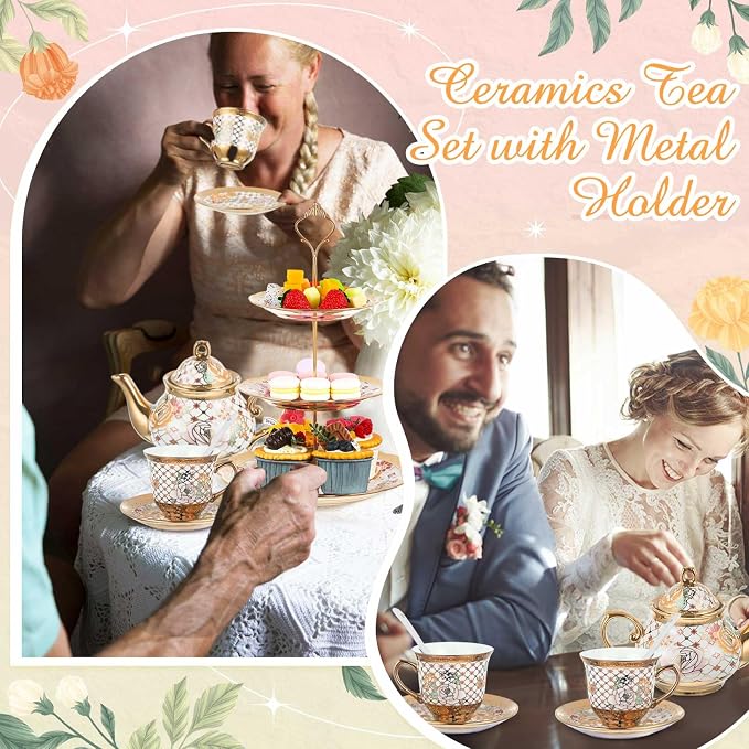 Maxcheck 21 Pcs Porcelain Tea Set for Women Tea Party with Metal Holder and 3 Tier Cake Stand Ceramic European Floral Teapot Set for Adults Mother's Day Christmas Thoughtful Gift(Stylish Style)