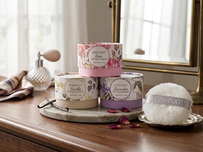 Herb & Root Talc Free Body Dusting Powders. Rose, Vanila, Sandalwood, Lavender, Jasmine, and Gift Sets (Travel Size, Lavender, Rose, Vanilla, Puff)