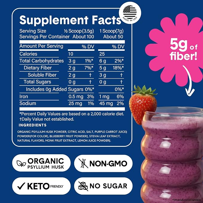 Bellway Super Fiber Powder + Fruit, Sugar Free Organic Psyllium Husk Powder Fiber Supplement for Regularity, Bloating Relief & Digestive Health, Plant-Based, Wild Berry (50 Servings)