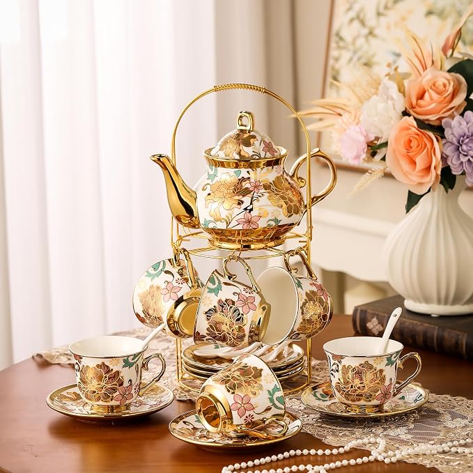 20 Pieces Porcelain Tea Set With Metal Holder, European Ceramic tea set for adults,Flower Tea Set,Tea Set For Women With Flower Painting
